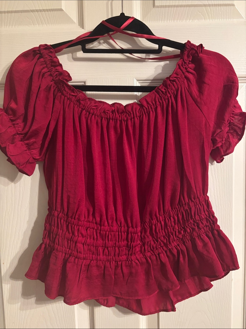 Women's Red Shoulder Smocked Peasant Top